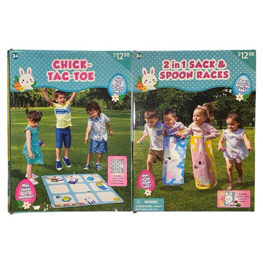 2x Easter Family Fun Activity For Kids Chick-TacToe and 2in1 Sack and Spoon Race